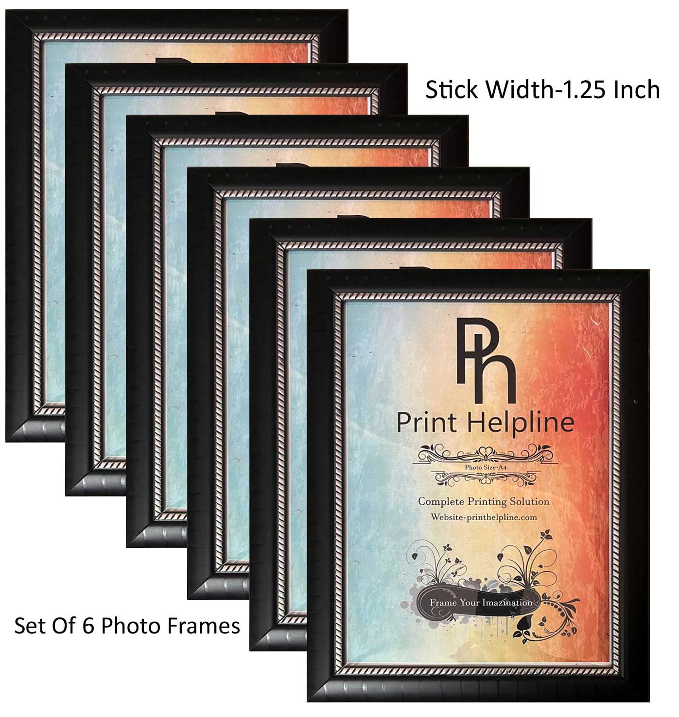 WOOD WALL PHOTO FRAME (Black With Silver Design 6 PHOTO Frames ,A4 SIZE(8.3×11.7))